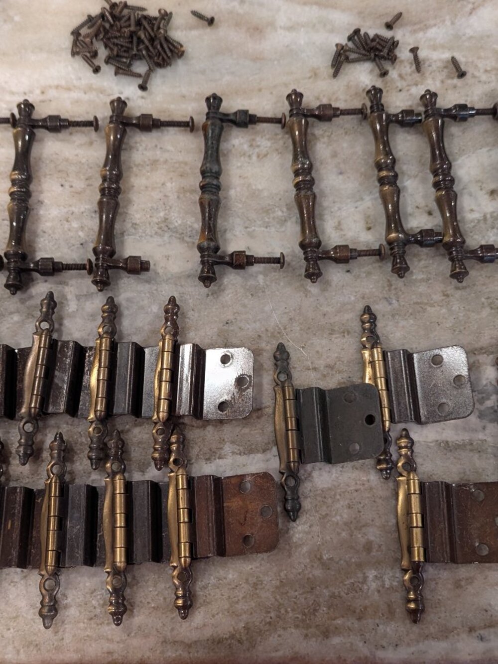 Lot of 26 Antique style Vintage Brass patina Drawer/Door Pulls & Hinges